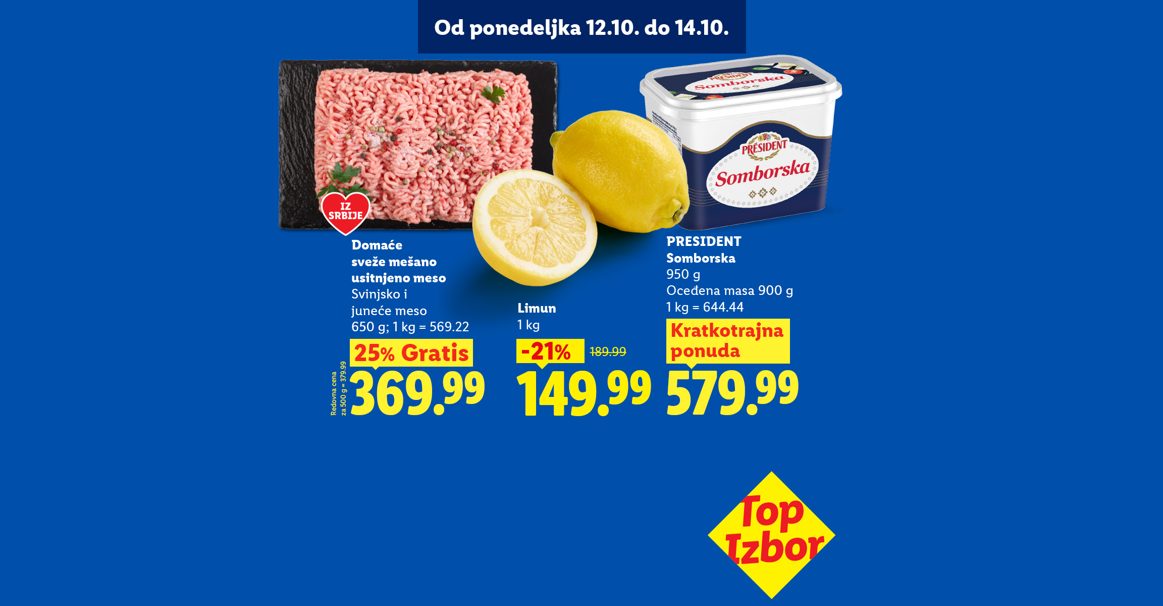 Sveže mešano mleveno meso, limun i sir u pakovanju na akcijskoj ponudi.