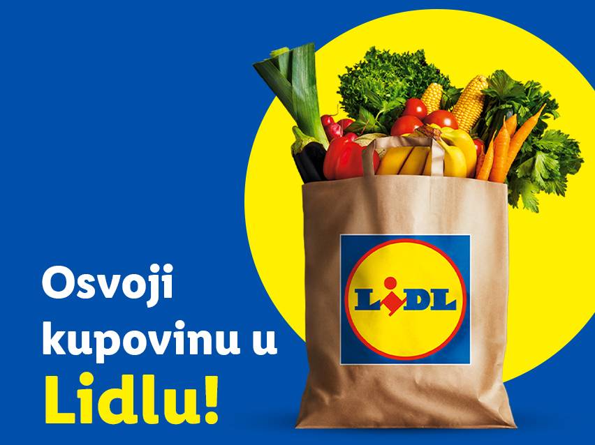 Plava pozadina sa žutim krugom, papirna kesa puna svežeg povrća i voća, tekst: Osvoji kupovinu u Lidlu!
