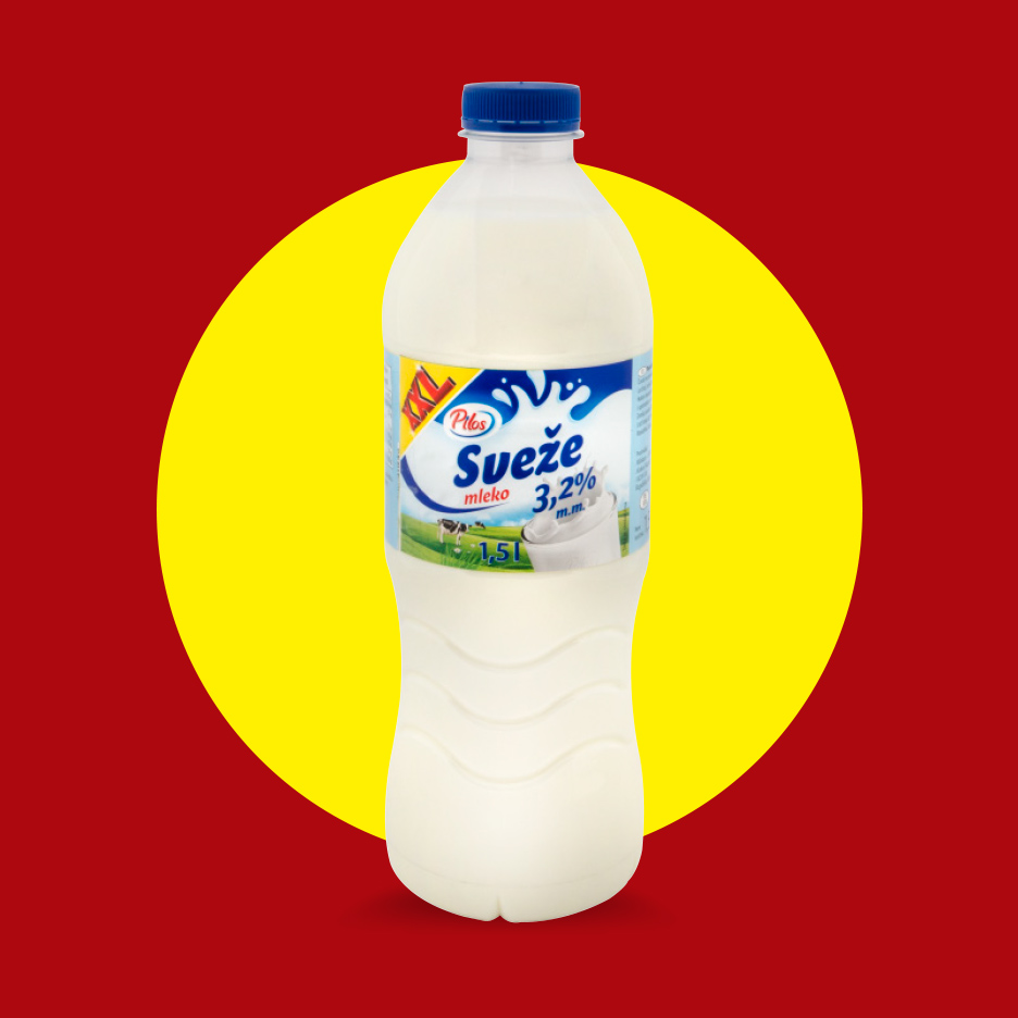 Boca svežeg mleka od 1,5 litara sa 3,2% mlečne masti na crveno-žutoj pozadini.