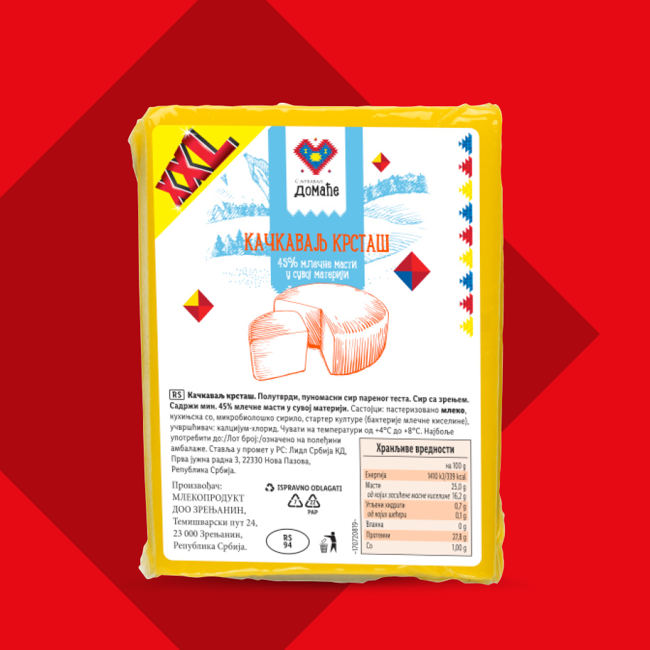 Pakovanje kačkavalja sa 45% mlečne masti i nutritivnim vrednostima.