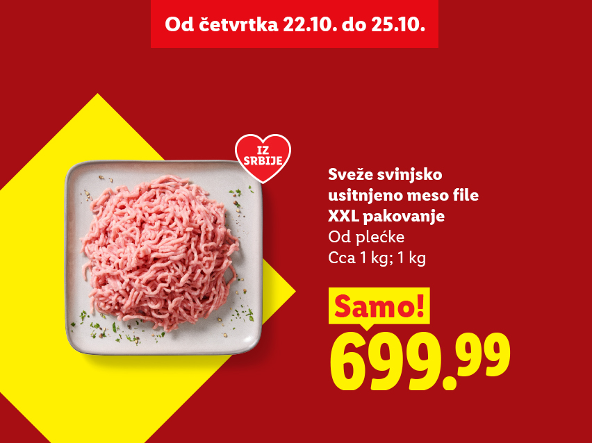 Sveže svinjsko usitnjeno meso od plećke, XXL pakovanje od 1 kg po ceni od 699.99 dinara.