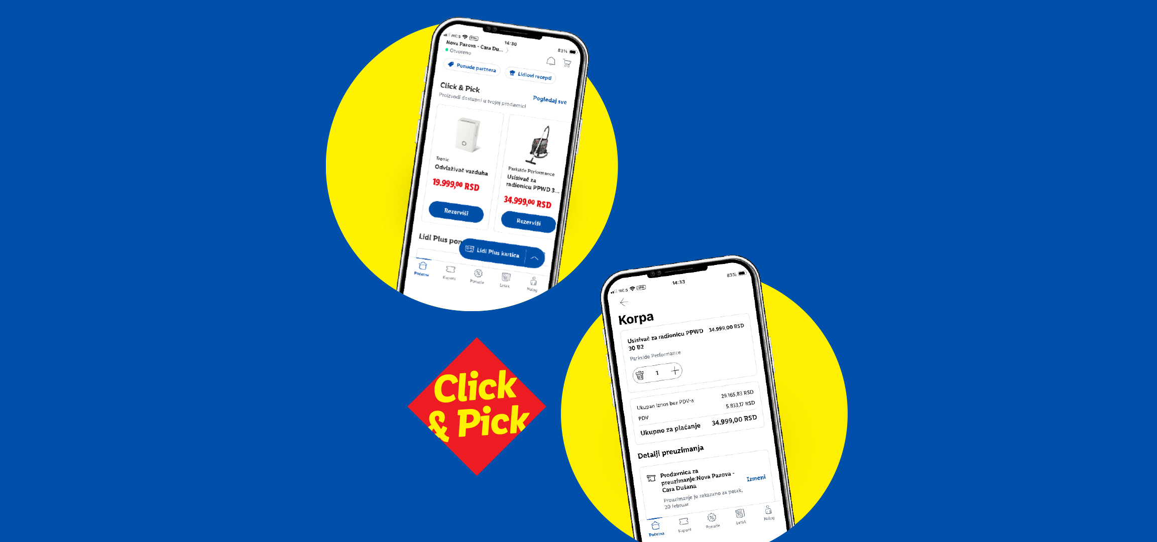 Mobilna aplikacija prikazuje proizvode za preuzimanje u prodavnici, uključujući odvlaživač vazduha i usisivač za radionicu.