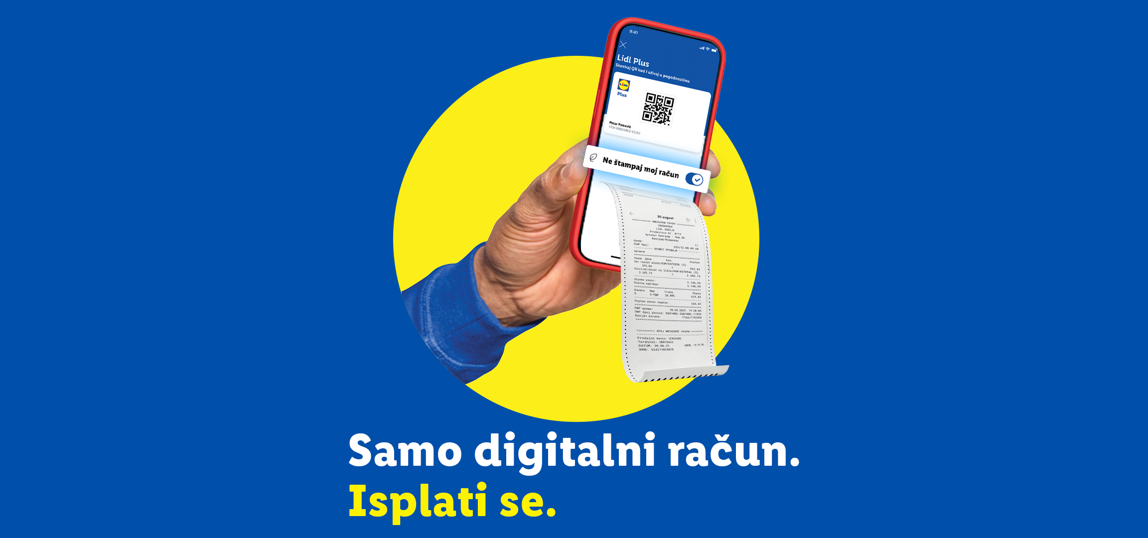 Ruka drži telefon sa aplikacijom za digitalni račun i tekstom: „Samo digitalni račun. Isplati se.“