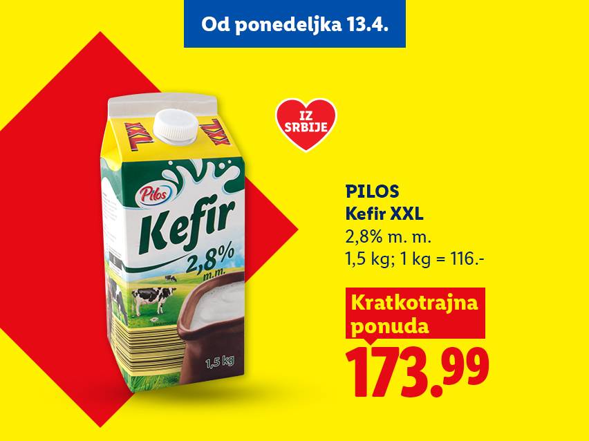 Reklama za kefir XXL pakovanje sa 2,8% mlečne masti, poreklom iz Srbije, po ceni od 173.99.