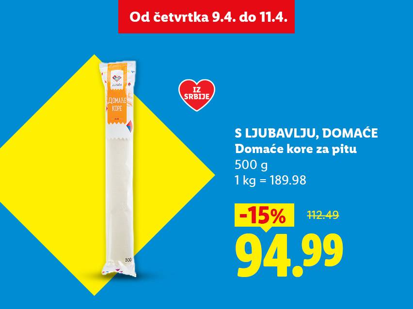 Pakovanje domaćih kora za pitu, 500g, sa popustom od 15% i cenom od 94.99.