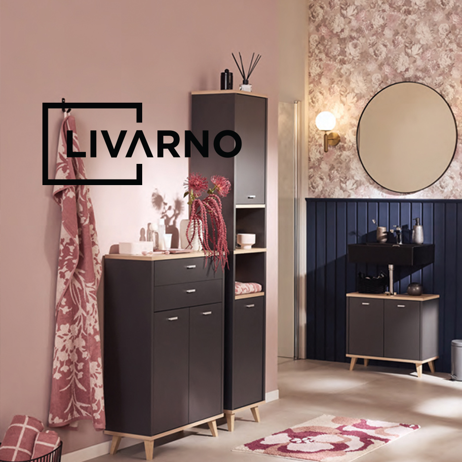 Moderni tamnosivi kupatilski nameštaj sa drvenim detaljima u elegantno uređenom kupatilu.