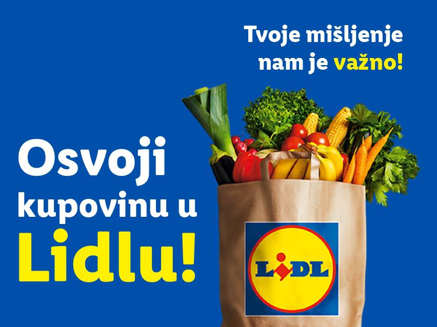 Plava pozadina sa natpisom 'Osvoji kupovinu u Lidlu!' i 'Tvoje mišljenje nam je važno!', pored papirne kese pune voća i povrća sa Lidl logom.
