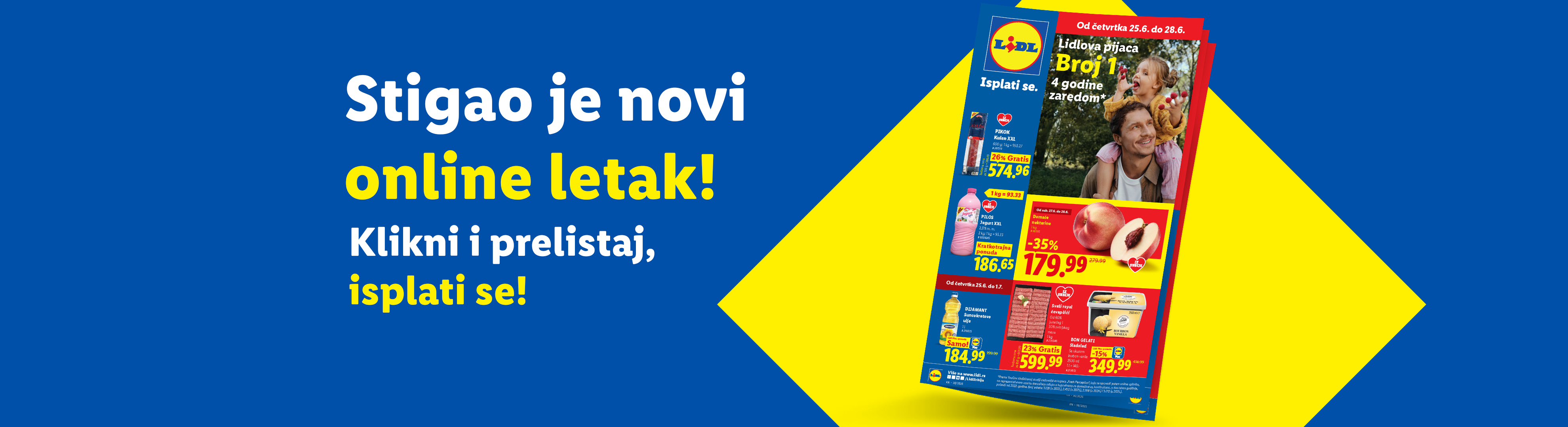 Lidl letak sa ponudama za suhomesnate proizvode, mlečne proizvode, voće i ulje, uz poruku o novom online letku.