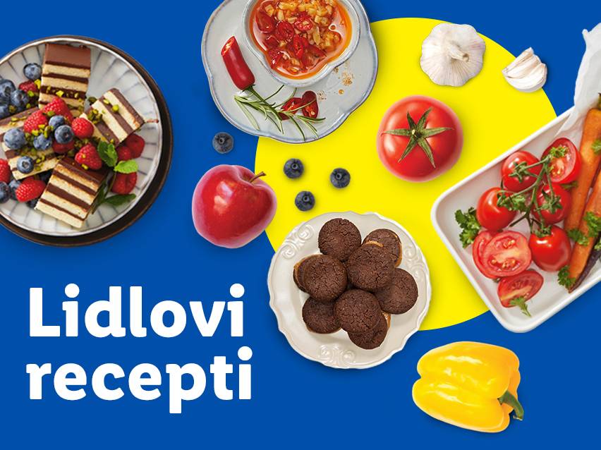 Lidlovi recepti: kolači, voće, povrće i sos na plavo-žutoj pozadini.
