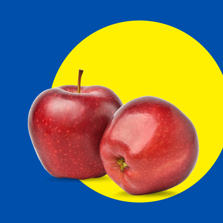Dve crvene jabuke na žutoj pozadini sa plavim uglovima.