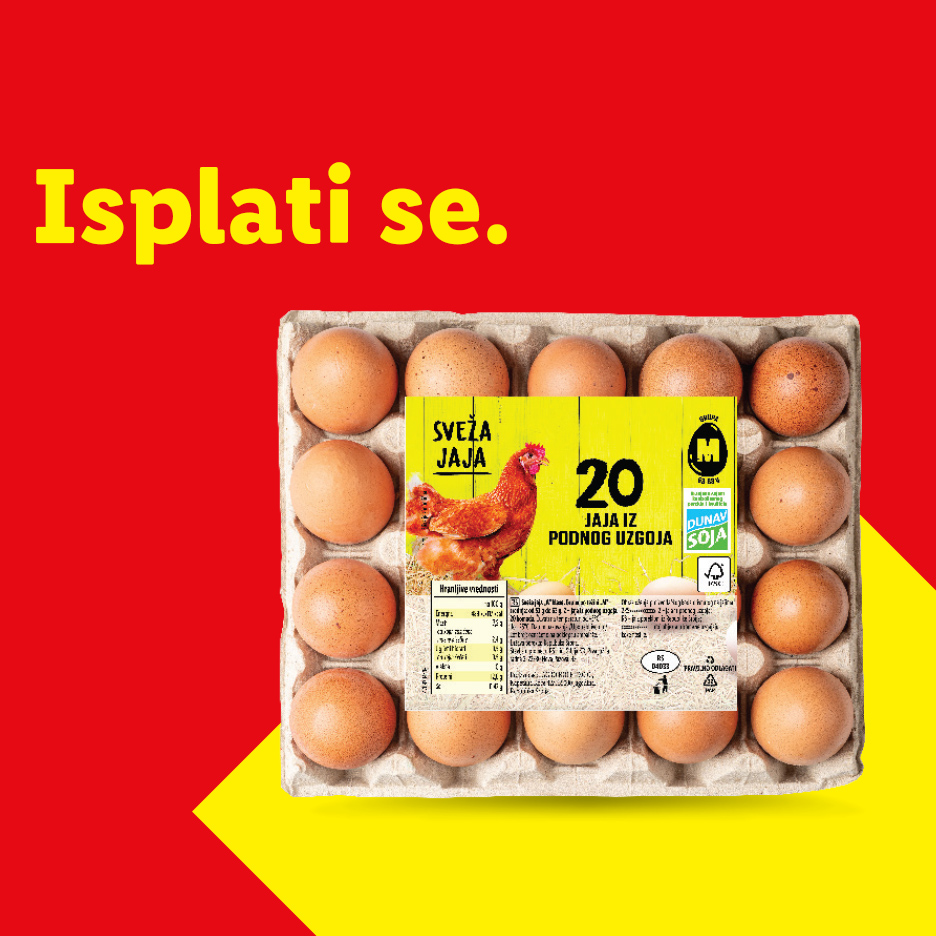 Pakovanje od 20 svežih jaja iz podnog uzgoja sa natpisom „Isplati se“.