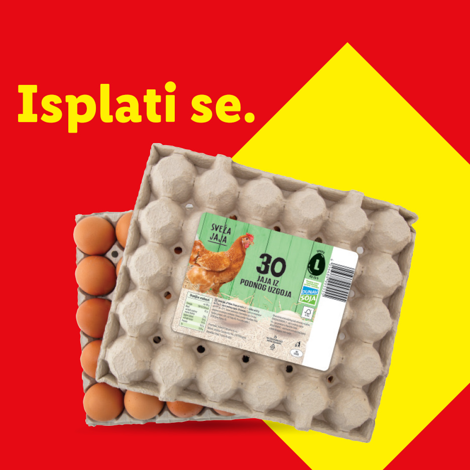 Pakovanje od 30 svežih jaja iz podnog uzgoja sa natpisom 'Isplati se'.