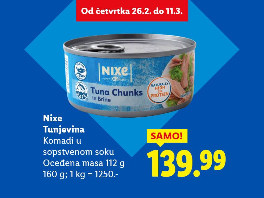 Reklama za tunjevinu u konzervi sa cenom i datumima trajanja ponude.