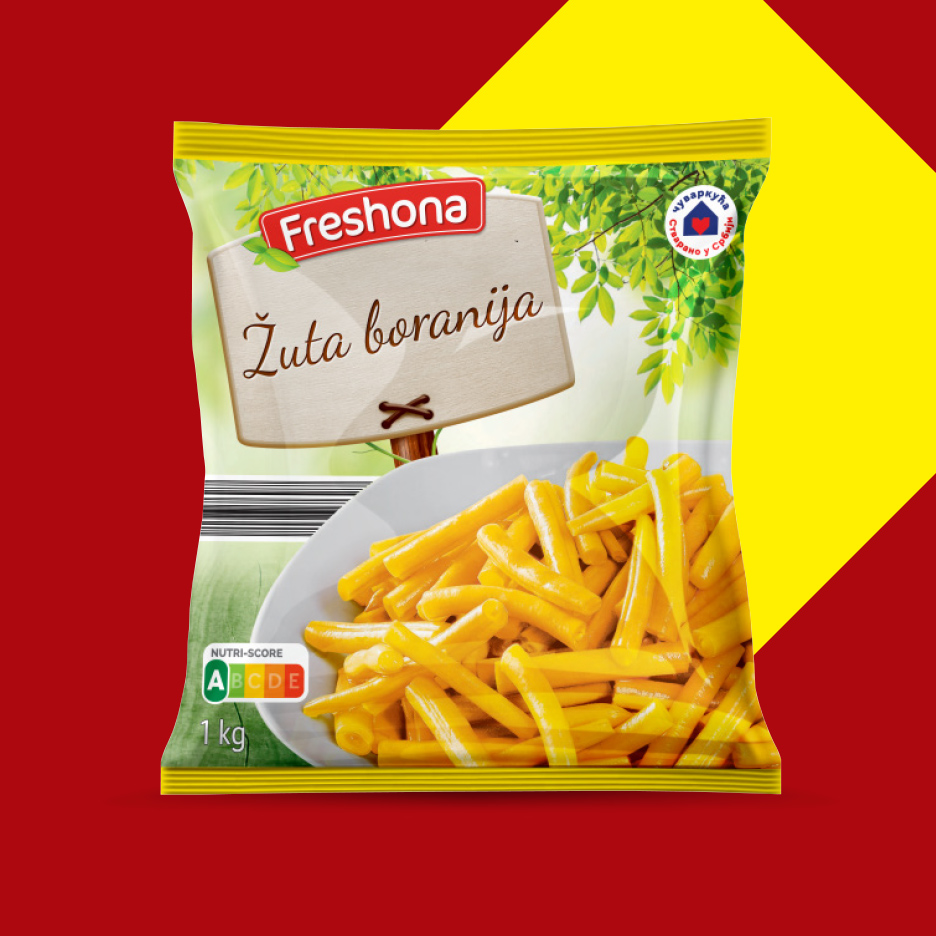 Pakovanje žute boranije sa Nutri-Score oznakom i naznakom 1 kg.